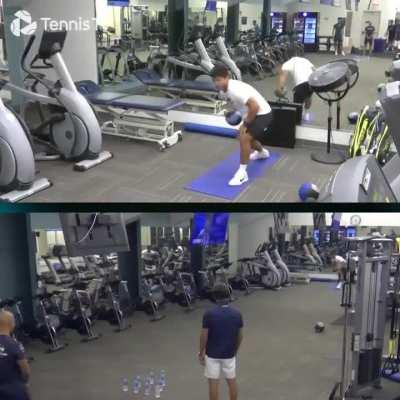 Alcaraz and his team bowling in the gym.