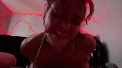 Gagged and drooling but still giving bratty looks 