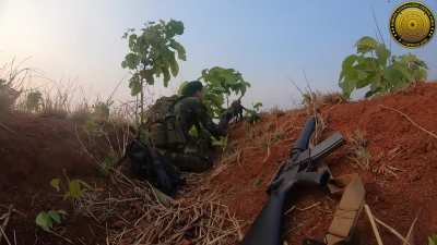 KNDF Guerrillas attacking Myanmar (Burmese) Junta troops somewhere near Hpruso, Karenni State [between 2024-2025]