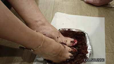 I bought a chocolate cake for My slave's birthday. Unlocked his chastity, and he ate it under My feet!! Such a lucky slave!!!