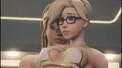 Futa Brigitte between Mercy legs (Dreamrider) [Overwatch]
