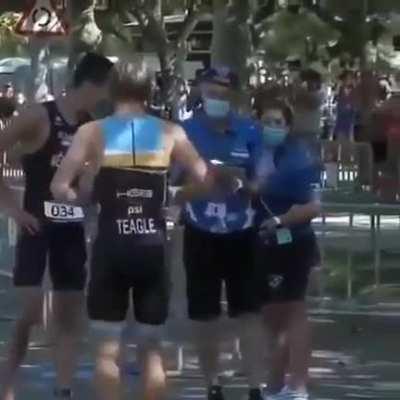 When Spanish triathlete Diego Méntriga noticed that British triathlete J. Teagle went the wrong way before finish line, Méntriga waited for him so he could take his deserved 3rd place. “He was in front of me the whole time. He deserved it.” —Méntriga