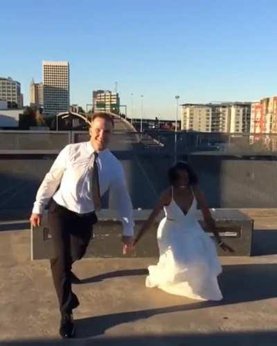 Doing a stunt for wedding photos