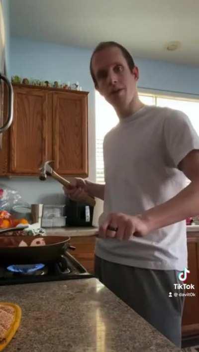 “Cooking” a scrambled egg with a hammer. Yummy!