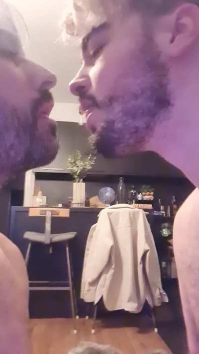 We love slow sensual kissing while rubbing our hard, uncut dicks together. Would you get in the middle? - Raf (22) and Kal (41) - Check out our profile for more and links to our full home made gay porn videos.