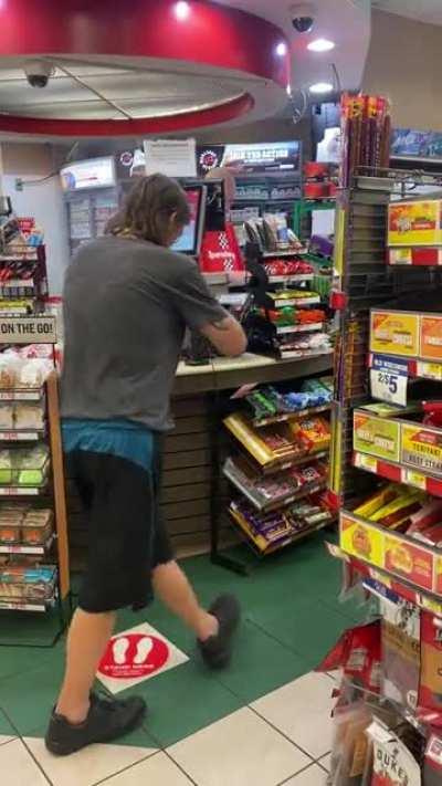 After about 10 mins of this, he left 16 cents, a cigarette and a broken piece of a meth pipe on the counter in exchange for a water bottle.