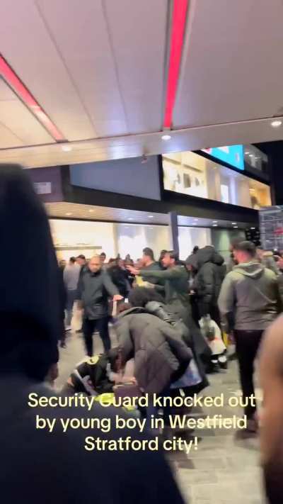 Security guard knocked unconscious at Westfield shopping center in Stratford, London.