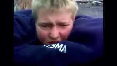 Blue shirt man falls