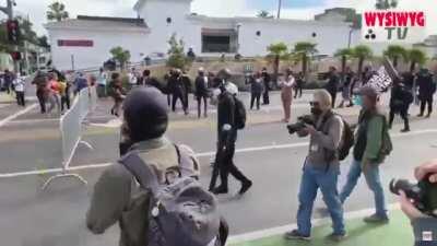 BLM/Antifa/anaracho-Democrats use police's own barricades against them to illegally block street