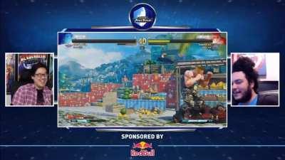 Daigo evades and punish's Tokido's Raging Demon with a 21 hit combo to win the first game of their CPT qualifier