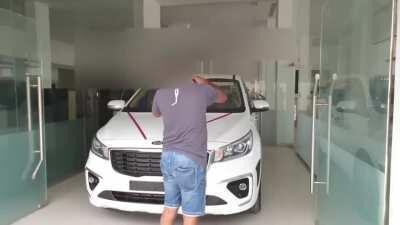 Speeding out of a garage