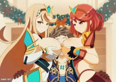 Mythra and Pyra massaging Rex with their big tasty boobs. (Xenoblade Chronicles 2)