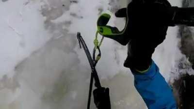 Free solo ice climber almost falls to his death