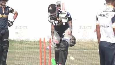 Babar getting bowled by a kid, also Saim ayyub getting hit in the balls.