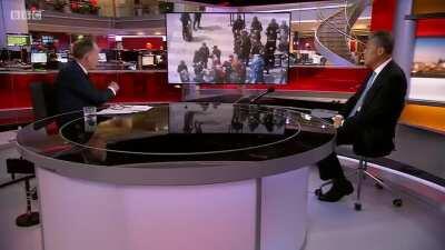 Andrew Marr asks Chinese ambassador to the UK Liu Xiaoming to explain footage from China of handcuffed and blindfolded detained Uyghyurs