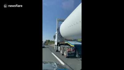 Truck For Scale! Truck Transports Large Wind Turbine Blade In Valdepeñas, Spain
