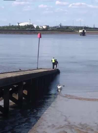Police officer gets thrown into the River by a suspect he is chasing!