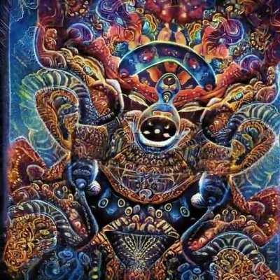 Further experiments training a neural network (Stylegan-3) on visionary artwork in order to generate psychedelic visuals.