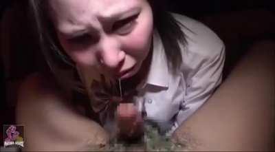 She covers his cock with barf