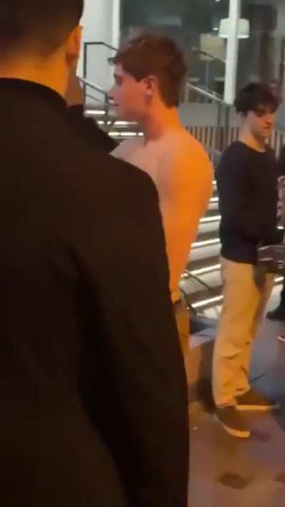 Wasted guy already injured, throws a fuck and gets a find out.