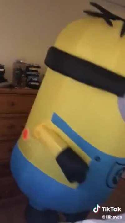 Old lady traps herself in Minions costume.