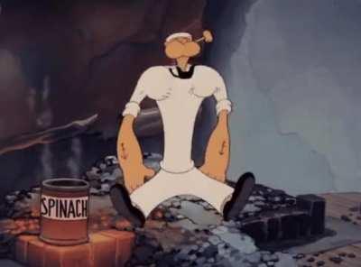 Classic scene of Popeye getting strong after eating spinach, for those 