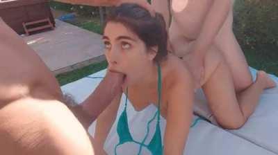 Ur gf accepted invitation for pool party from your bully. When she got there, she saw only your bully and your best friend. It took only 10 minutes till they made her serve their big cocks