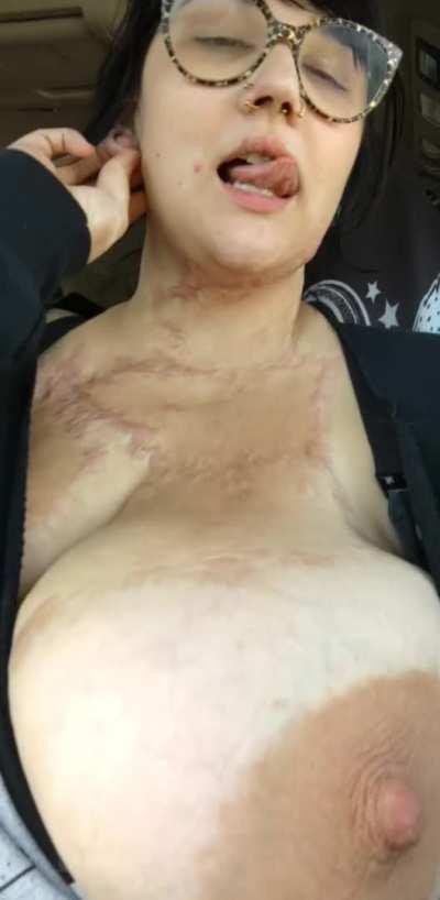 Letting my tit hang out while riding down the public roads. Love feeling naughty