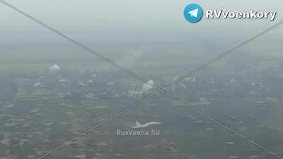 RU POV. RU UAV correcting the fire of a tank and TOS-1 heavy flamethrower system during the assault on Nevelskoye.