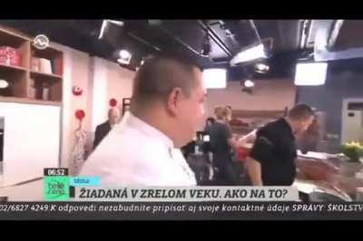 Line chef gets caught in the act on live tv