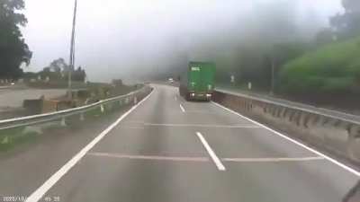 Container lorry overturned on North South highway after exiting the Menora Tunnel near Ipoh. Caused a 3km+ traffic block