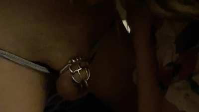 My girlfriend taking her bull’s cum in her mouth and then spitting it onto my chastity cage