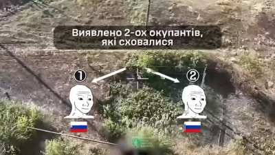 NSFW. Two russian soldiers are hit by a drone dropped explosive of the 24th Brigade. Bakhmut direction, September 2025.