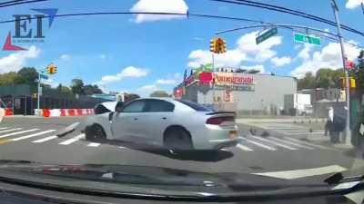 Man on bike is hit by another car that had also been hit