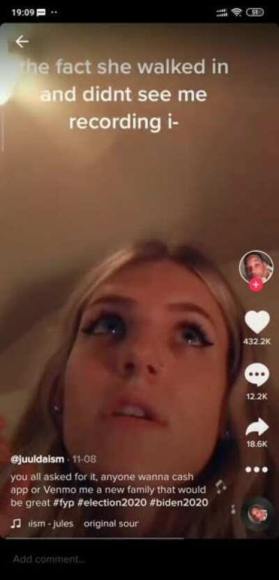 Girl voted for Biden. Got kicked out of the house by her parrents when he won.