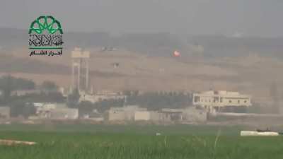 Rebel T-72 (Ahrar al-Sham) hits SAA tank, causing catastrophic cook-off - Tel Sheikh Hadid, N. Hama, Syria [2014-03-09]