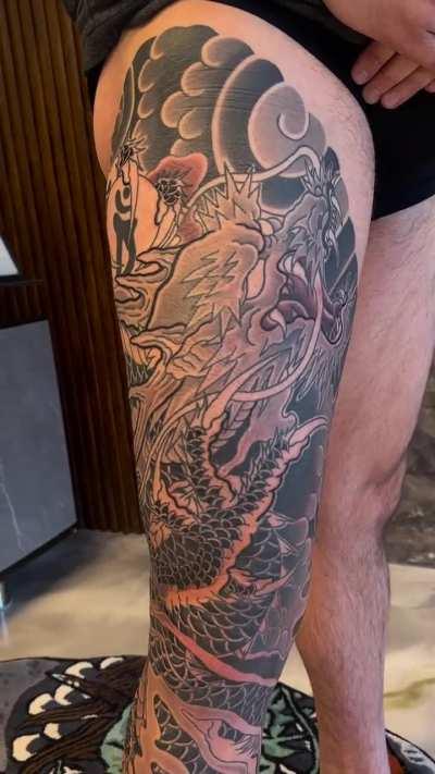 In progress leg sleeve by Xiaojun at Monkey King Tattoo in Vancouver, BC.