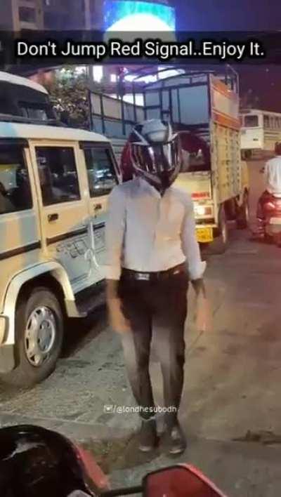 Helmet is the secret of his confidence.