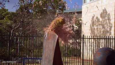 Rubber band ball hitting a giant metal axe.