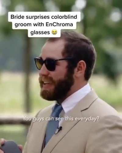 Colorblind groom cries when he sees his bride in color for the first time.