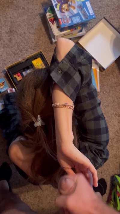 Cumming in my wife’s hand while she’s trying to organize board games