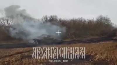 RU POV: M2A2 Bradley IFV was rolling towards Russian positions when it was stopped by a mine and finished off by Fiber-Optics FPV drone. Sverdlikovo, Kursk Oblast.