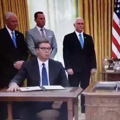 The moment Serbian President Vucic realizes that the statement he just signed (apparently without reading) commits his country to moving its embassy in Israel to Jerusalem...