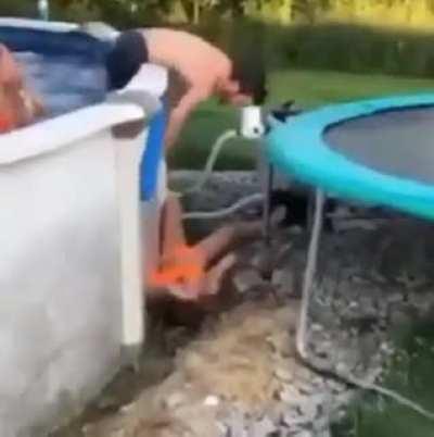 Woman attempts to jump off roof, on to trampoline and into a pool