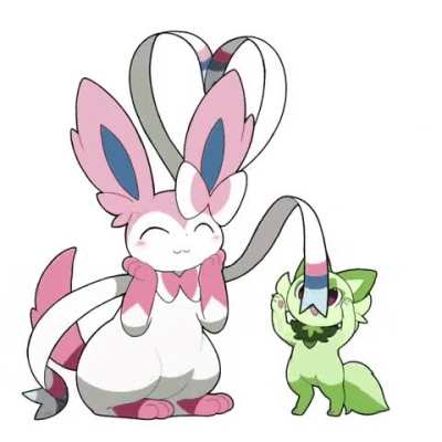 Sprigatito trying to catch Sylveon long thing