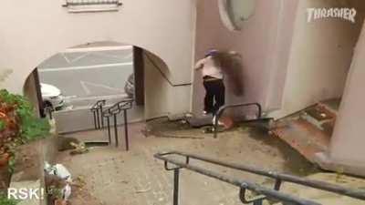 Angry resident chucks pot plants at a pro skater