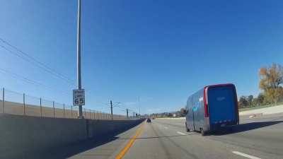 Buffoon spins out across four lanes and miraculously hits nothing (thanks to everyone being attentive). Several seconds later, they proceed to speed down the highway barreling towards traffic once again. No lessons learned.  [oc]