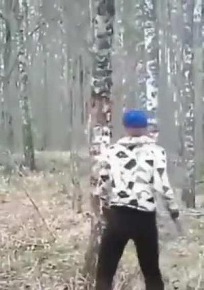 Kicking the trunk of a tree.