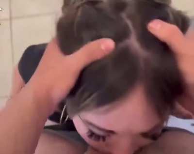 No hands, just mouth — she buries his cock all the way down