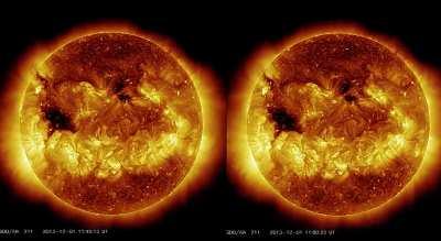 Solar eruptions in 3d! OK, I tried to create something unique here. This is data from the NASA SDO which I processed and combined to create a stereo 3d image. So if you can uncross eyes (like looking behind the screen) and combine the two images you'll be